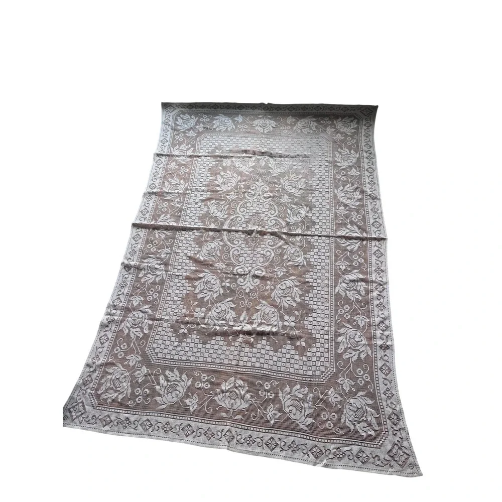 Vintage White Lace Tablecloth and Table Runner Set Floral Filet Crochet 3 Piece